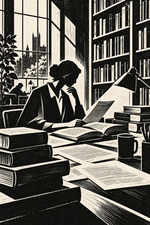 Black-and-white artwork of a researcher thinking at a desk surrounded by books and documents